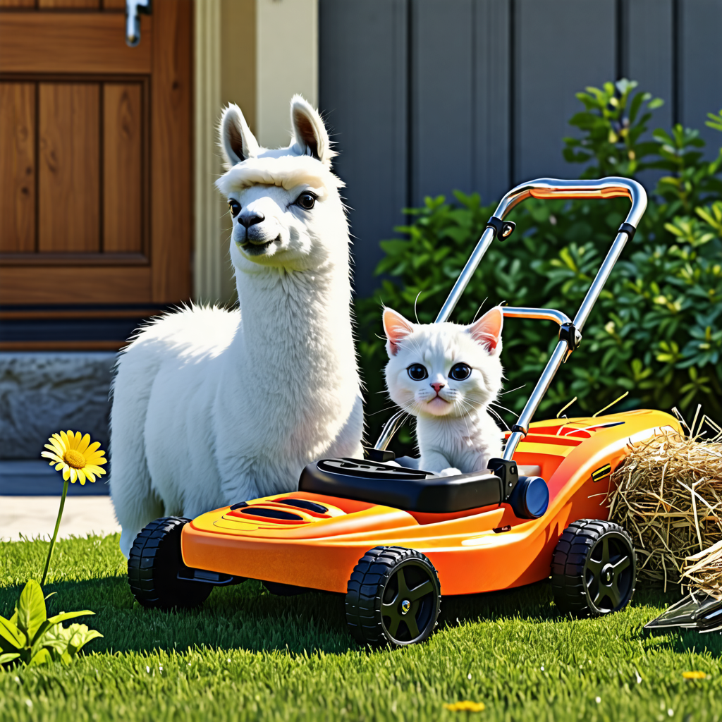 kayak, cat, ghost, llama, kitten, lawn mower, door, daisy, cushion, hay